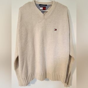 Mens Tommy Hilfiger V Neck Sweater Cream XL Vintage